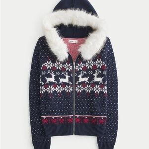 Hollister Hooded Faux Fur Trim Fair Isle Zip-Up Sweater Reindeer Navy Blue M